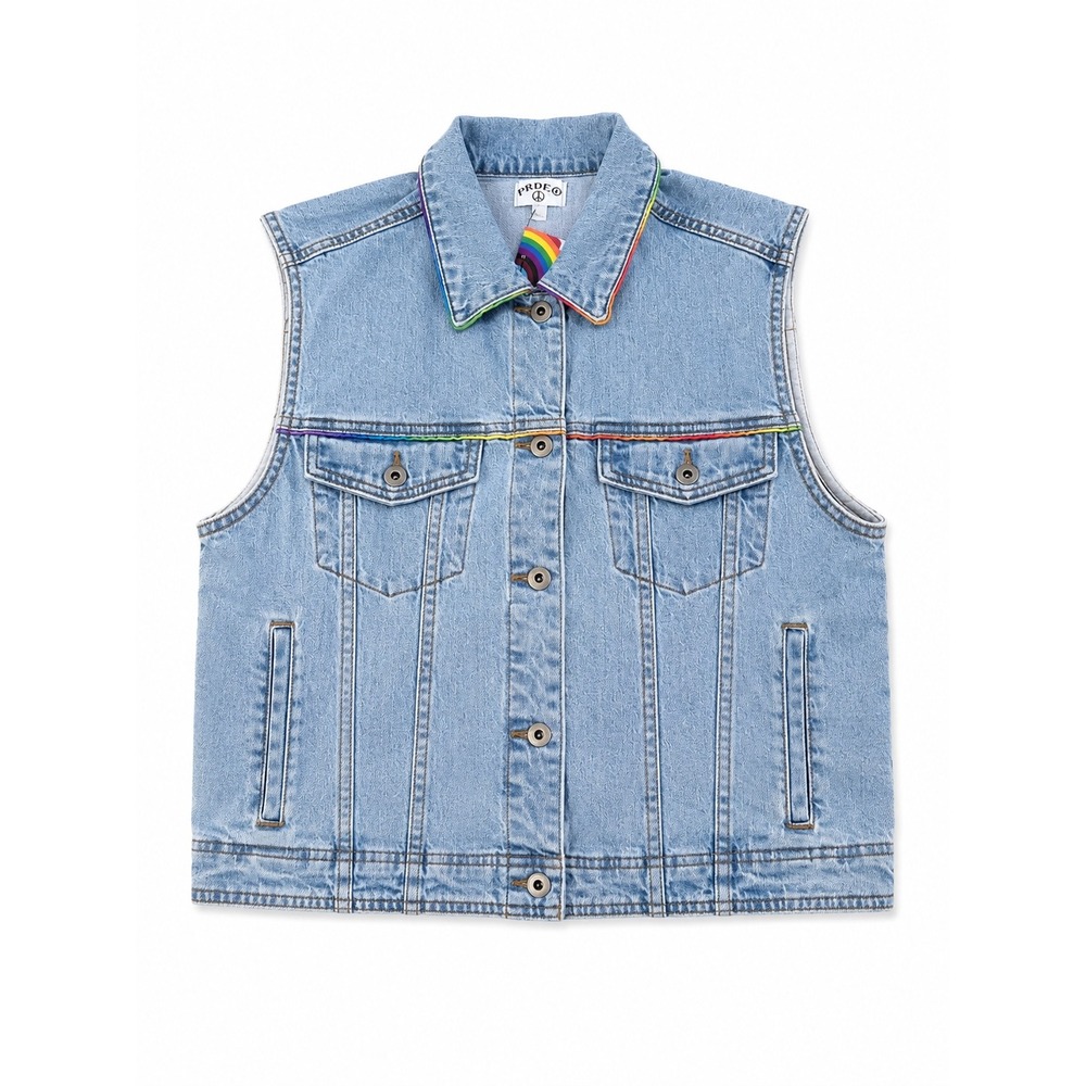 Pride Rainbow Fringe Denim Vest Light Wash Blue Sleeveless Jacket Festival Pride